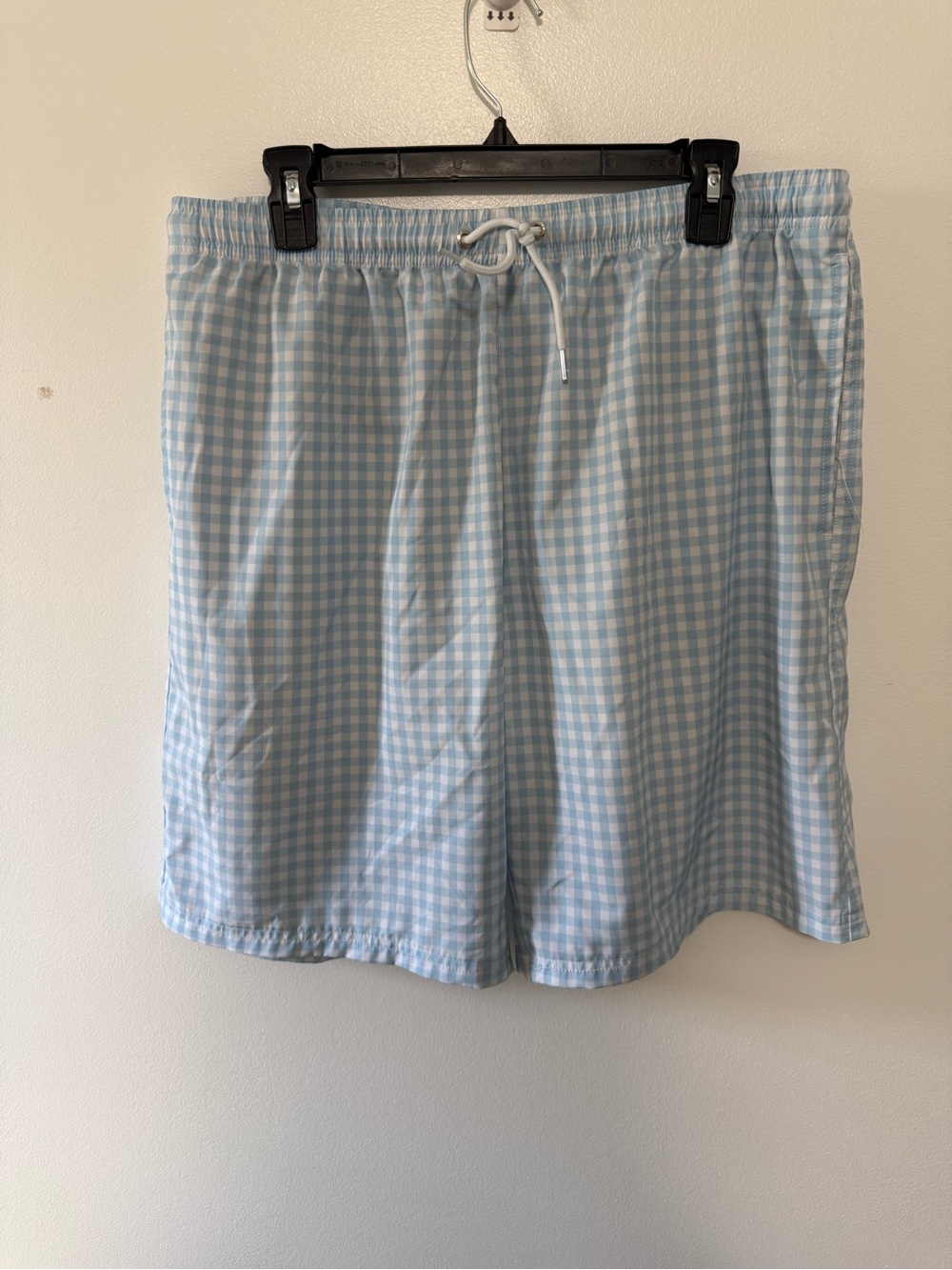 Light Blue Gingham Men's Swim Trunks with Drawstring Waist